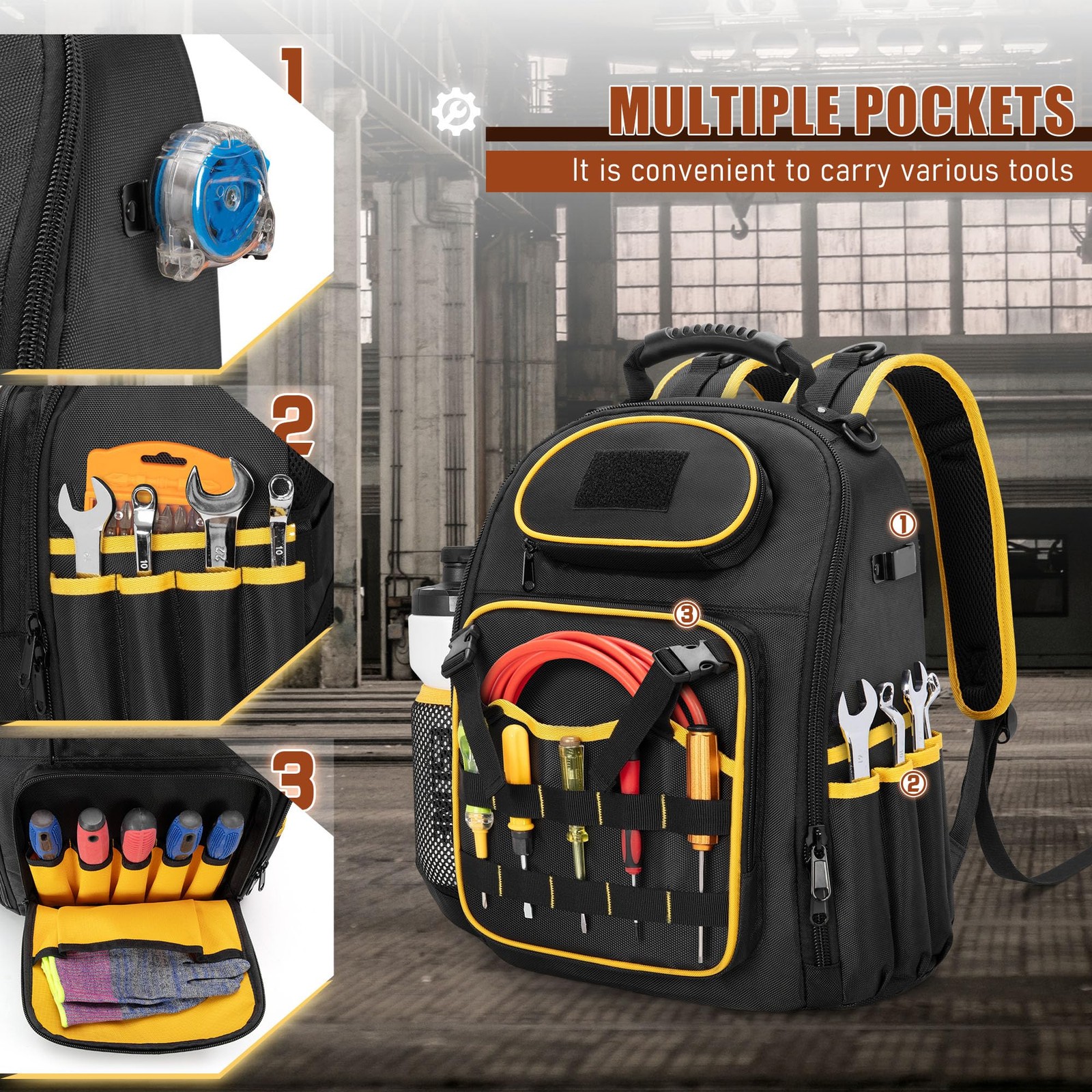Tool Backpack with a Tool Pouch, Heavy Duty Tool Bag with Multiple Pockets, B…