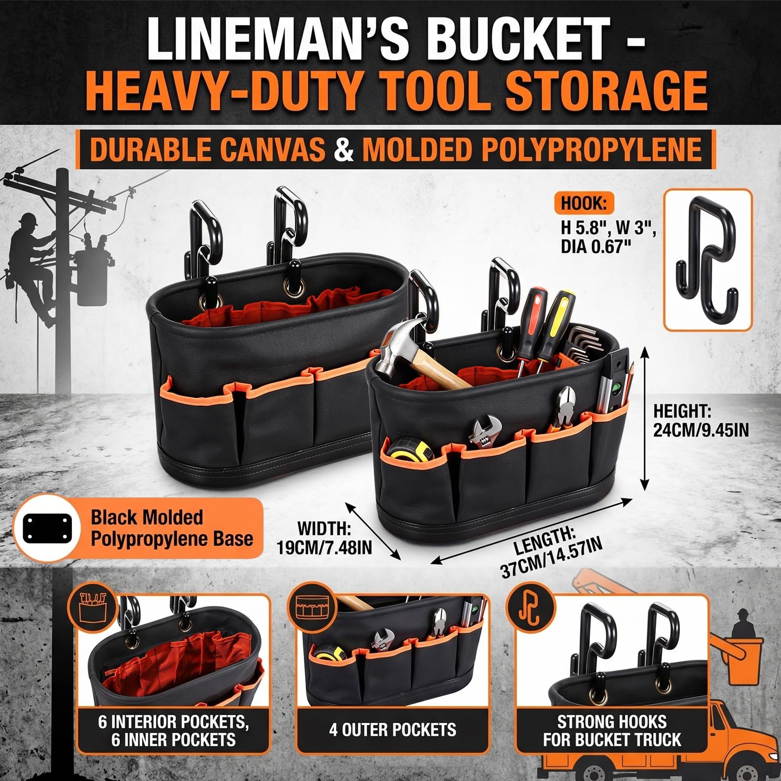 SilTriangle Hard Tool Bucket with 2 Hooks, Drain holes, 10 Pockets(1 Black