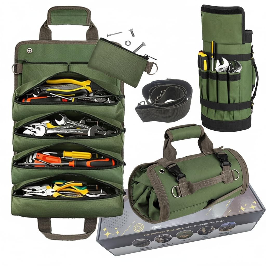 Upgraded Heavy Duty Tool Roll Up Bag Organizer with 6 Zipper Pockets Canvas …