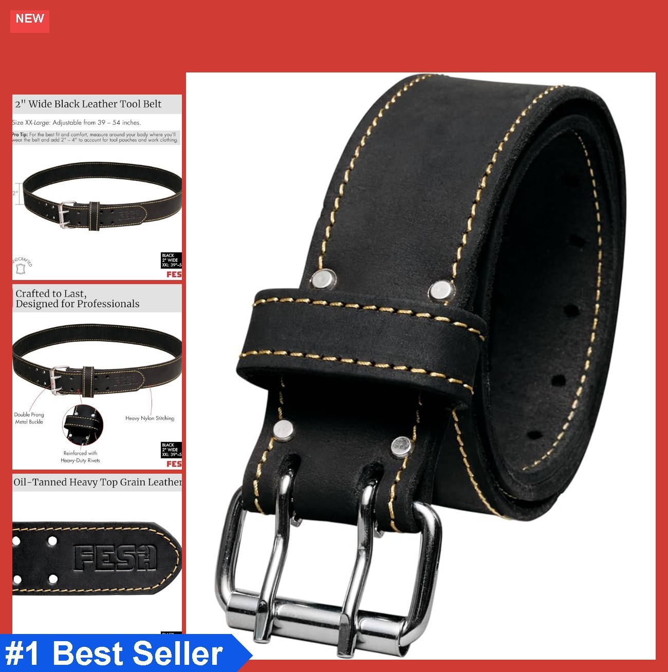 Leather Tool Belt 2 Inch Wide Top Grain Heavy Duty Double Prong Buckle