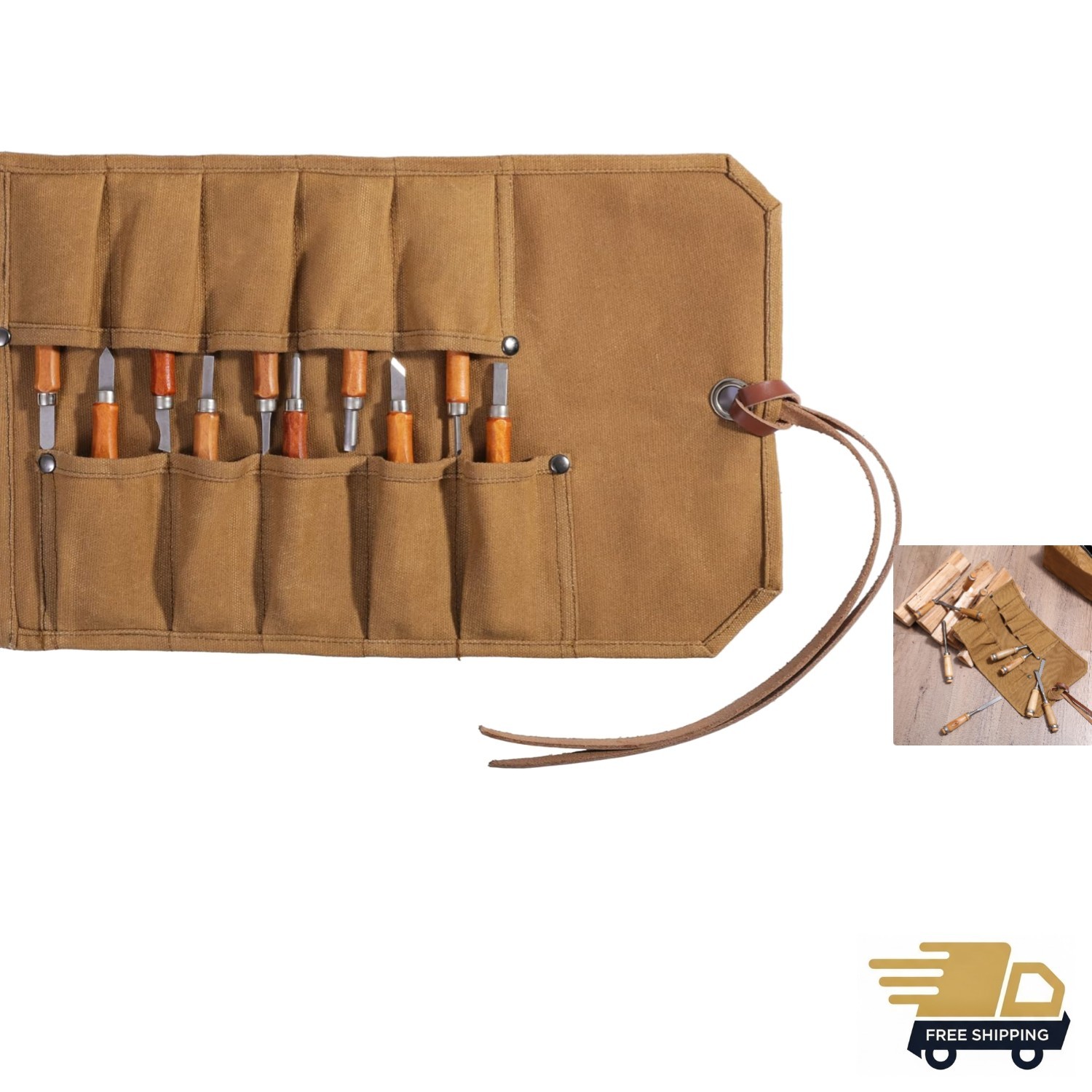Khaki Heavy-Duty Waxed Canvas Tool Roll with 10 Pockets – Durable Organizer