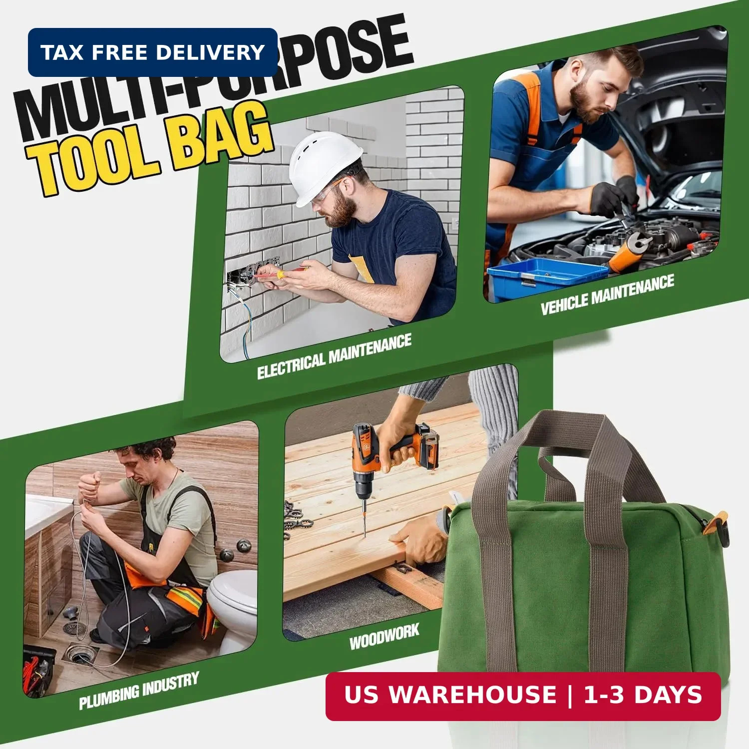 12 Inch Small Tool Bag, Canvas Tool Storage Bag, Large Capacity Multipurpose Zip