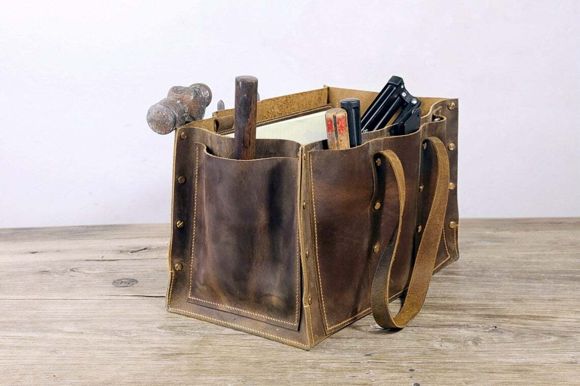Rustic full grain leather tool bag box vintage leather tool tote bag for men