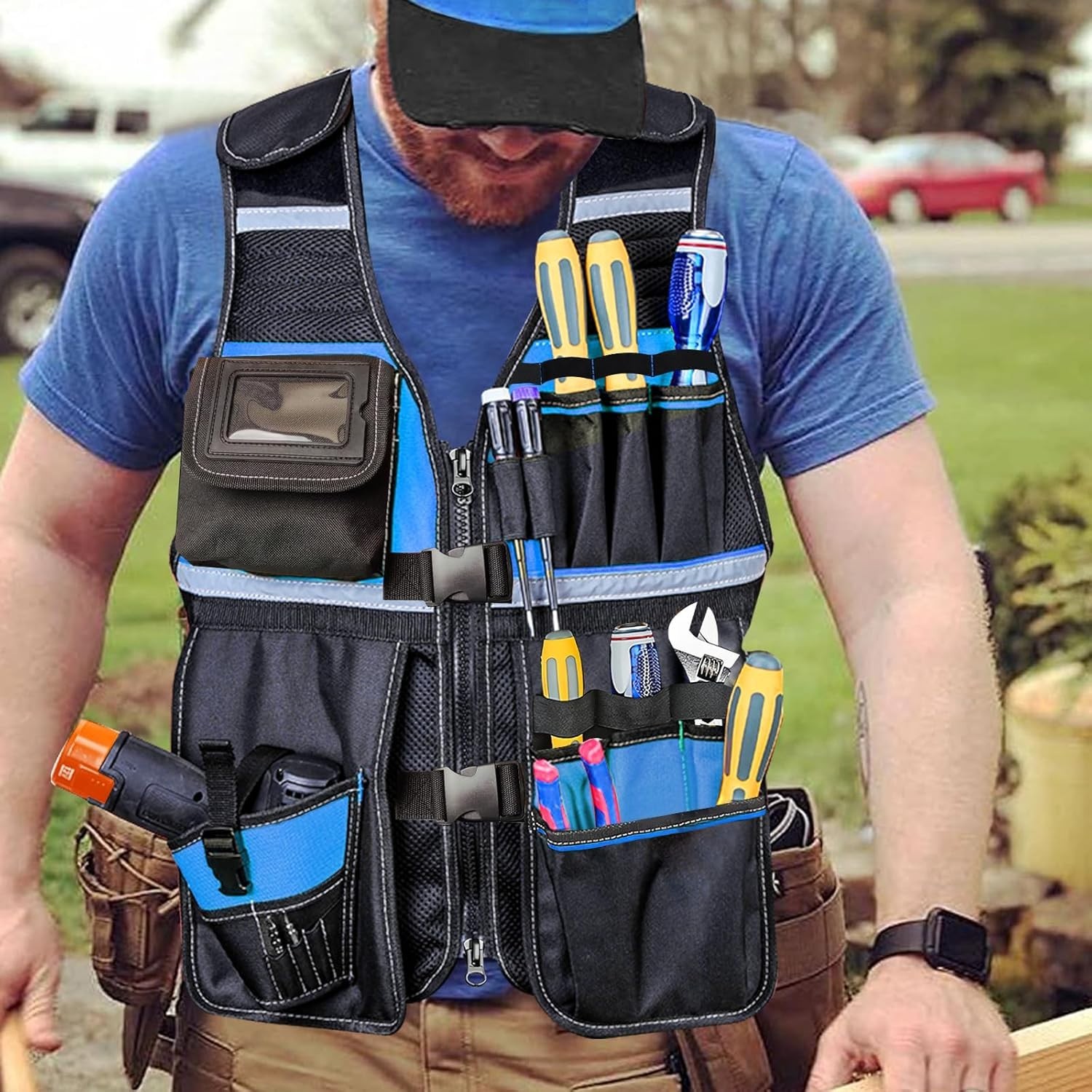 Heavy-Duty Electrician Tool Vest with Molded Holster & 16 Storage Spaces – Blue