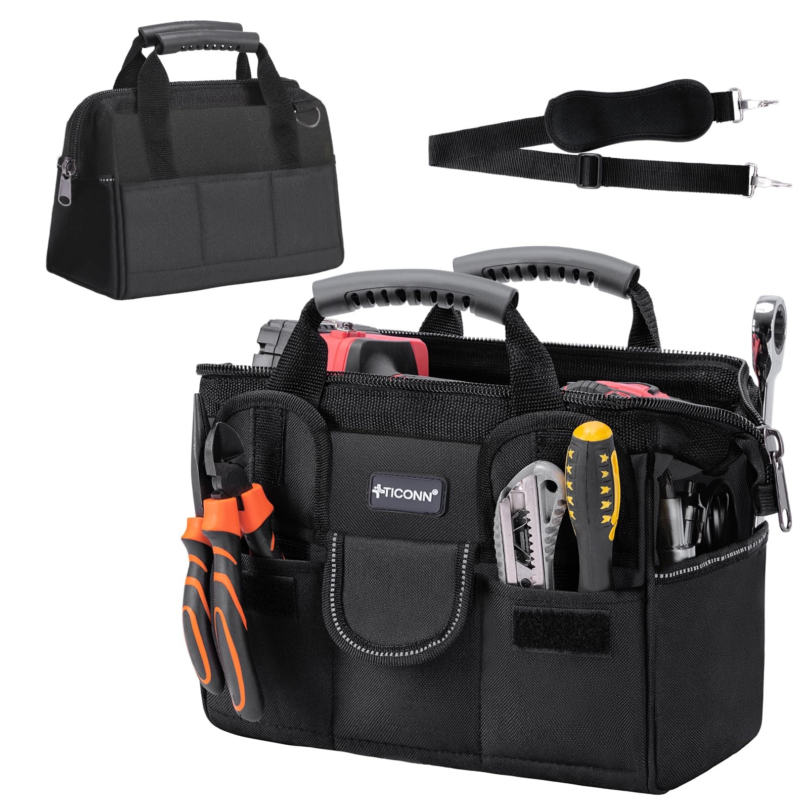 TICONN Heavy Duty Tool Bag with Multi-Pockets, 12″ Standard Base, Black