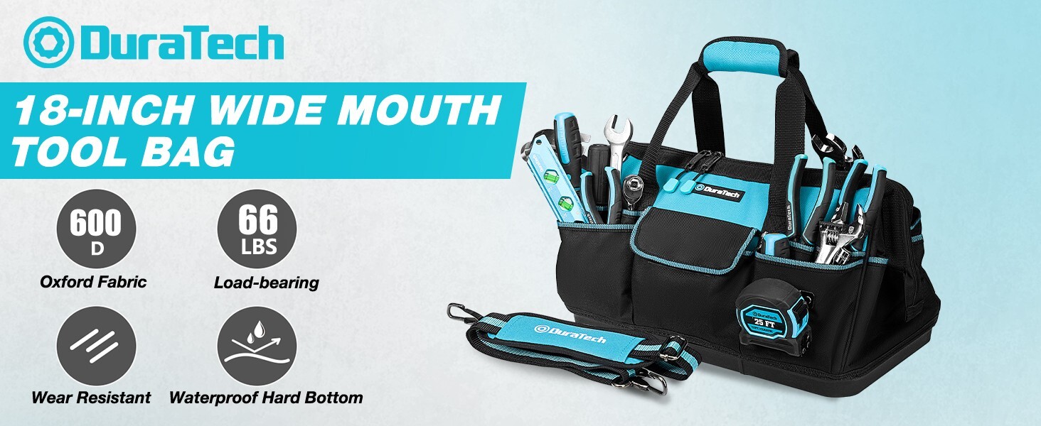 18Inch Large Tool Bag w/Waterproof Hard Bottom Heavy Duty w/19 Pockets Polyester