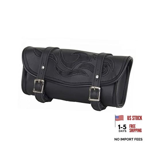 Motorcycle Tool Bag Leather Motorcycle Handlebar Bag 10″ Black with Flames