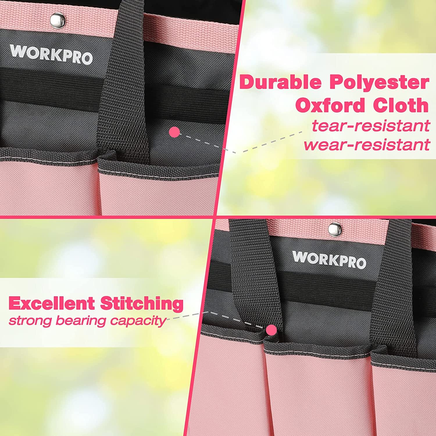 WORKPRO Garden Bag Garden Tool Tote Storage Bag with 8 Pockets Pink Ribbon Gifts