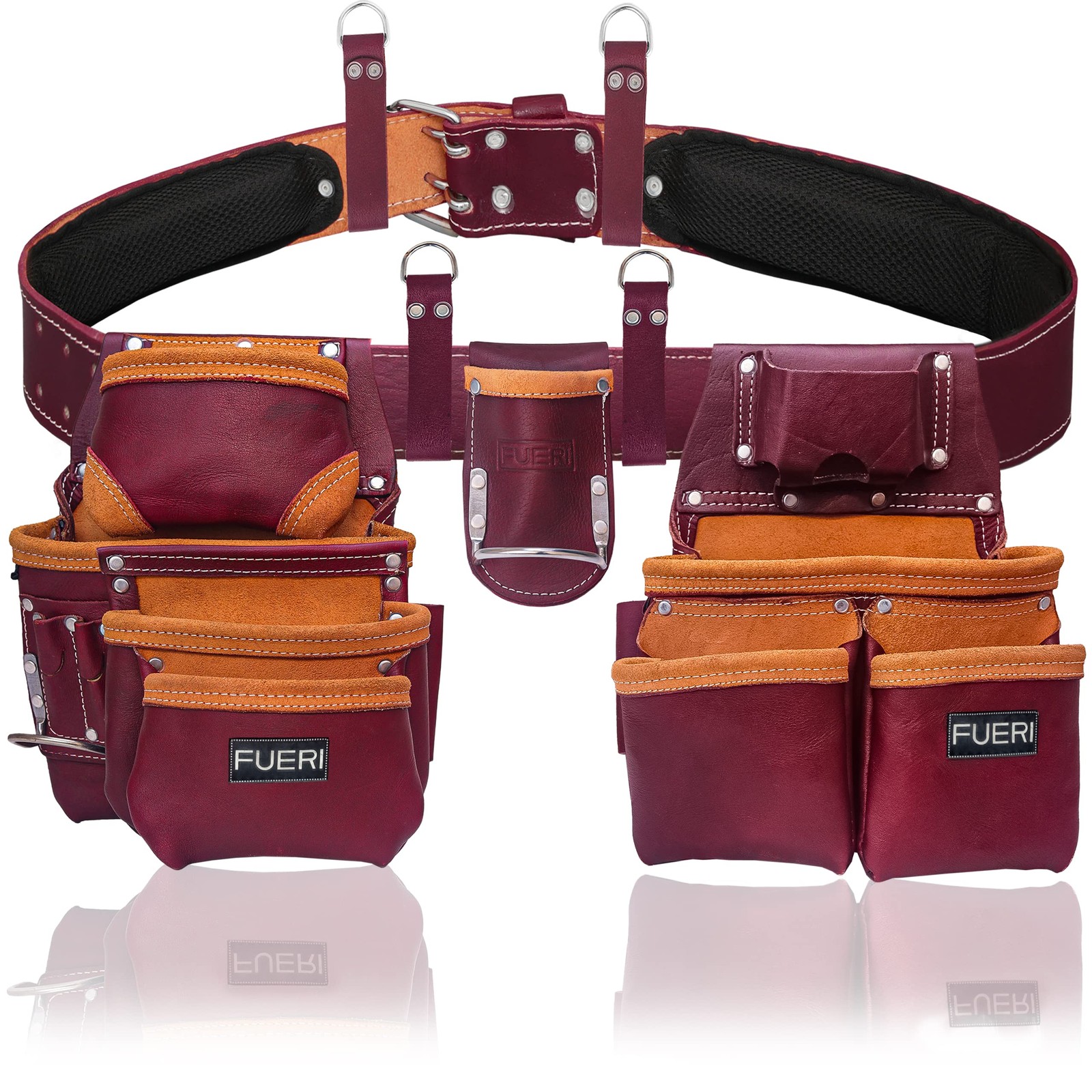 FUERI Leather Tool Belts for Men, Heavy-Duty Adjustable, Maroon Belt
