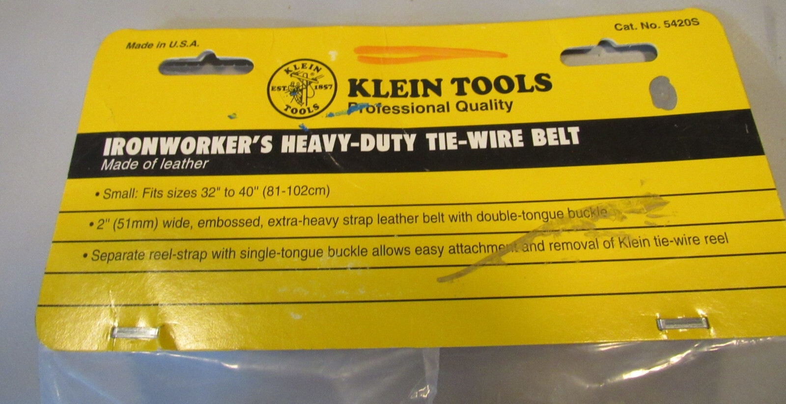 Klein Tools 5420S Ironworker’s Heavy-Duty Leather Tie-Wire Belt Small 32-40″ USA