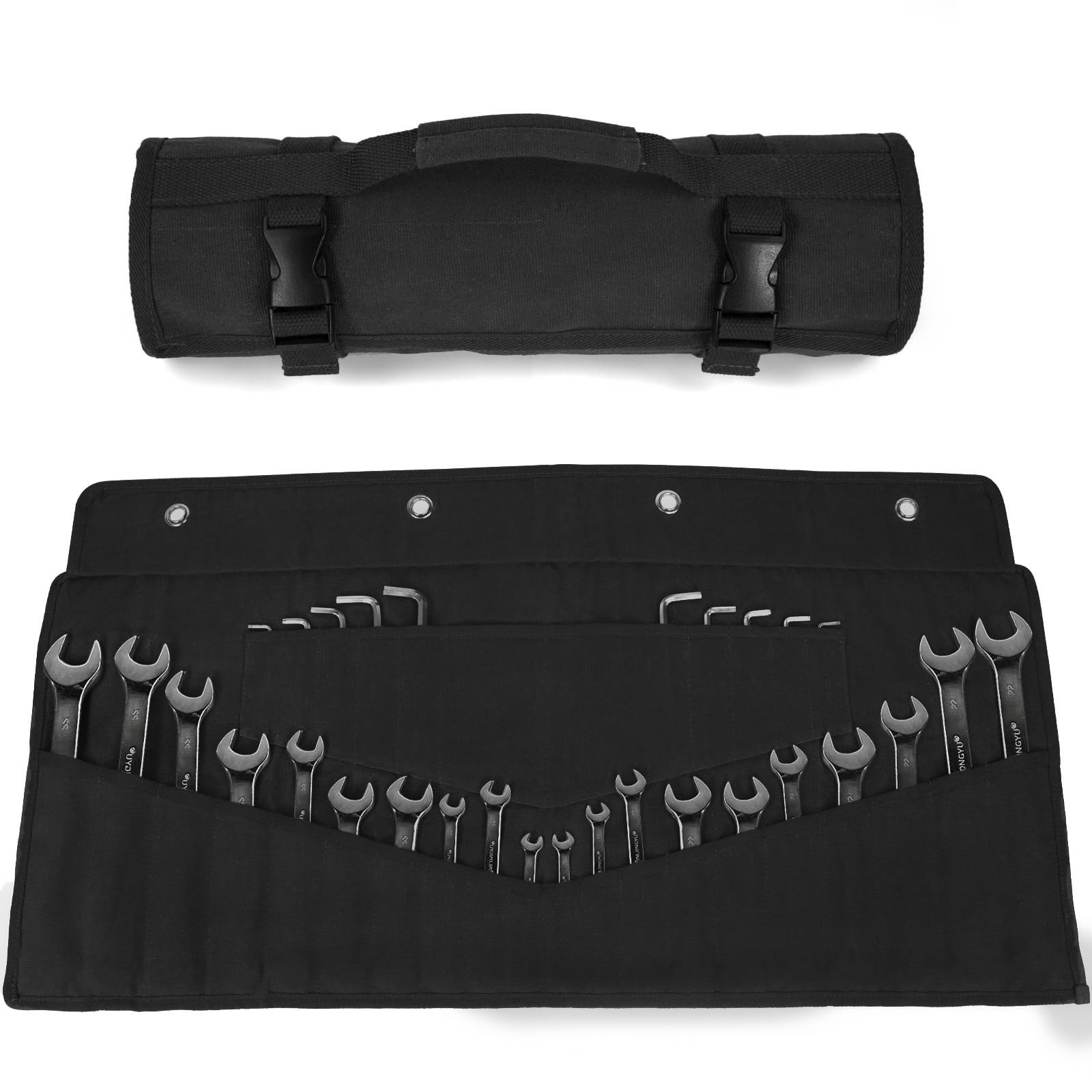 Wrench Roll 32 Pockets, Heavy-Duty 16 oz. Waxed Canvas Up Black