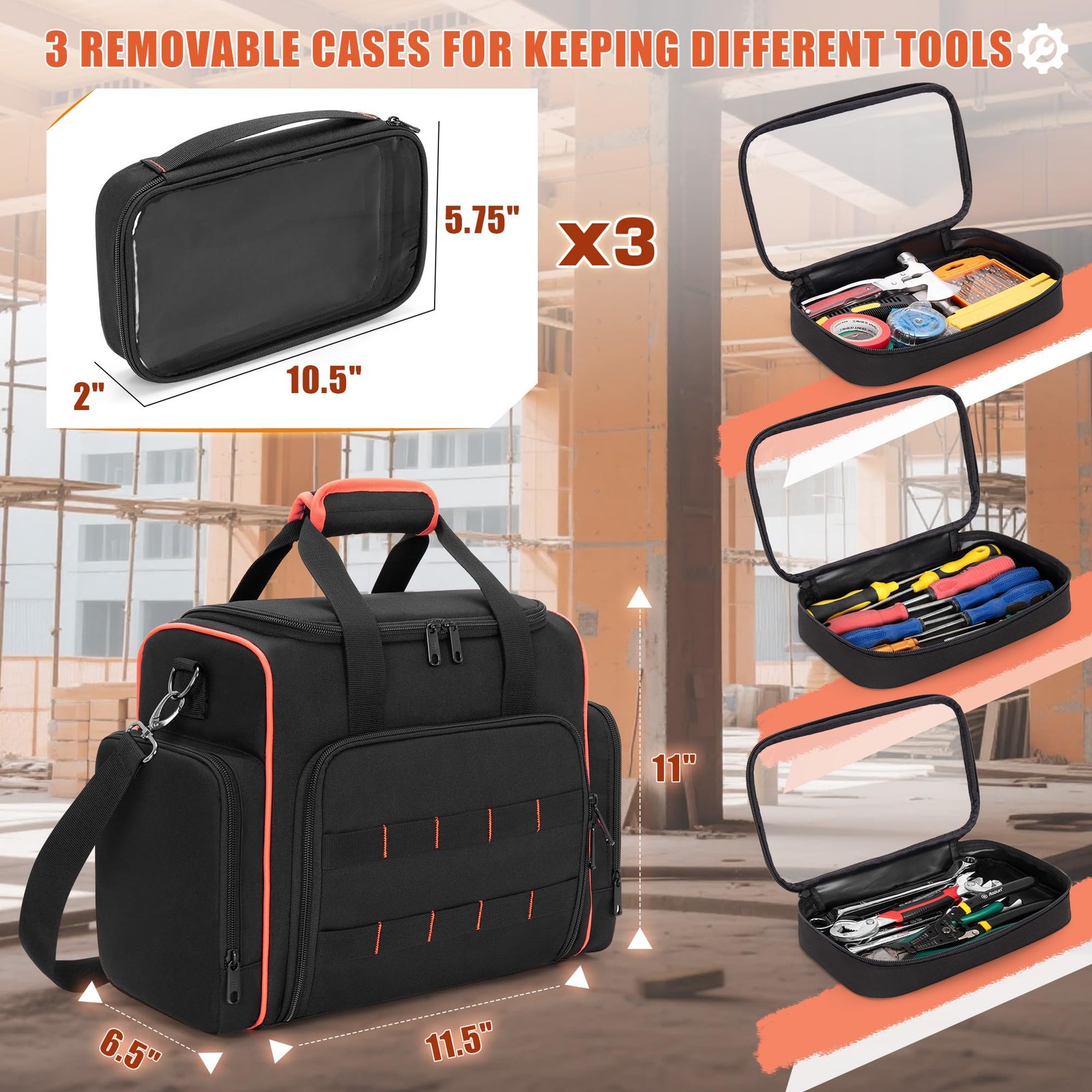 Tool Bag with 3 Removable Cases, 2 Layers Tool Tote for Hand Tools, Black wit…