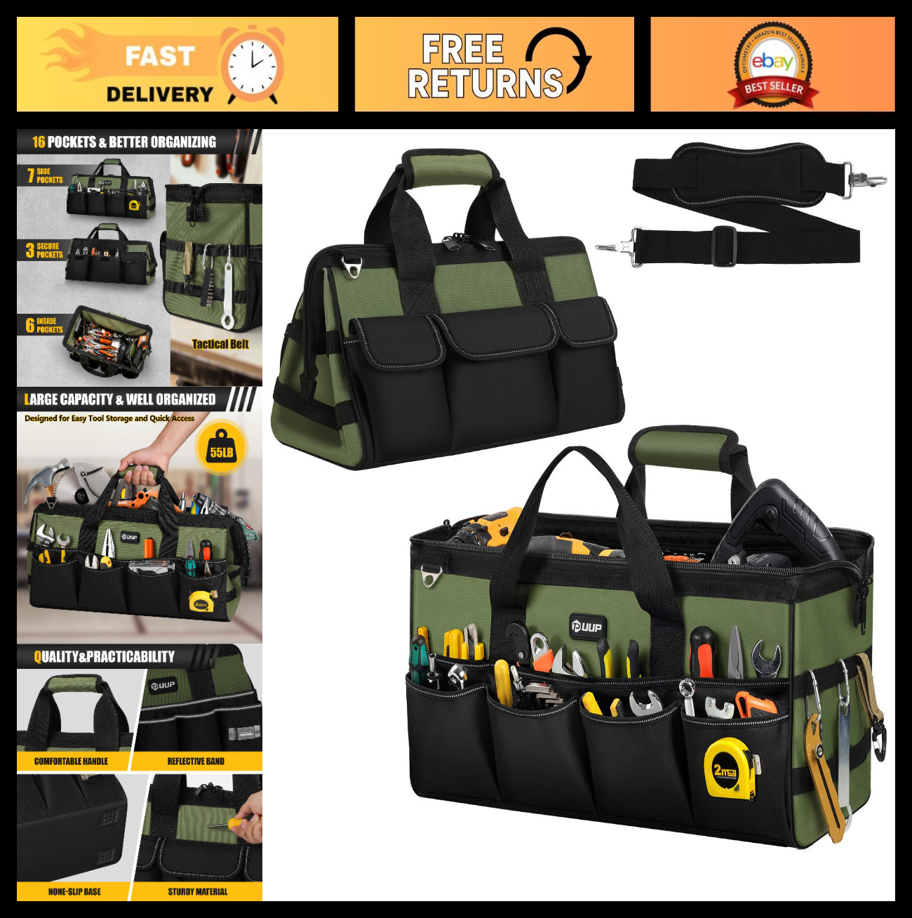 Extra Large 20-Inch Heavy Duty Tool Bag – 16 Pocket Organizer, Portable Storage,