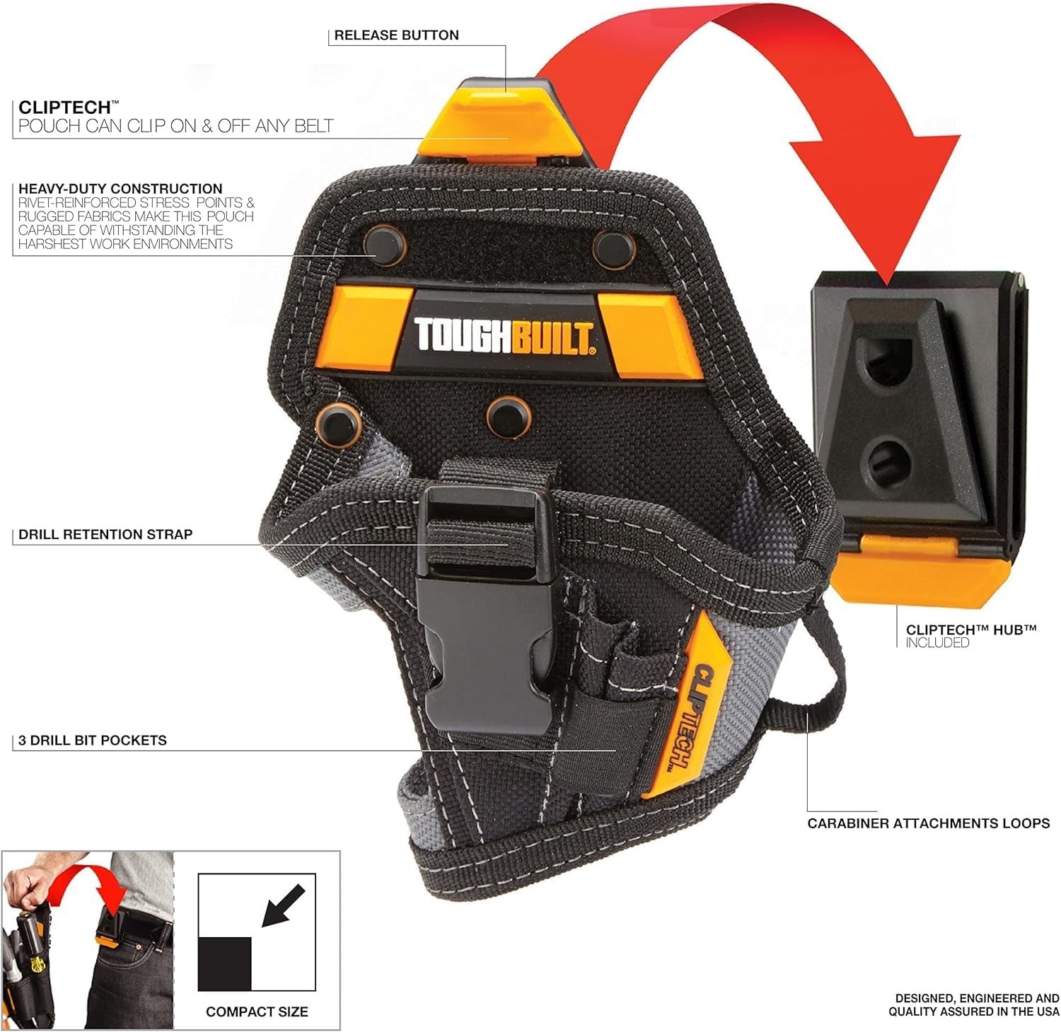 Compact Heavy-Duty Drill Holster with Adjustable Strap & Bit Pockets, Rugged 168