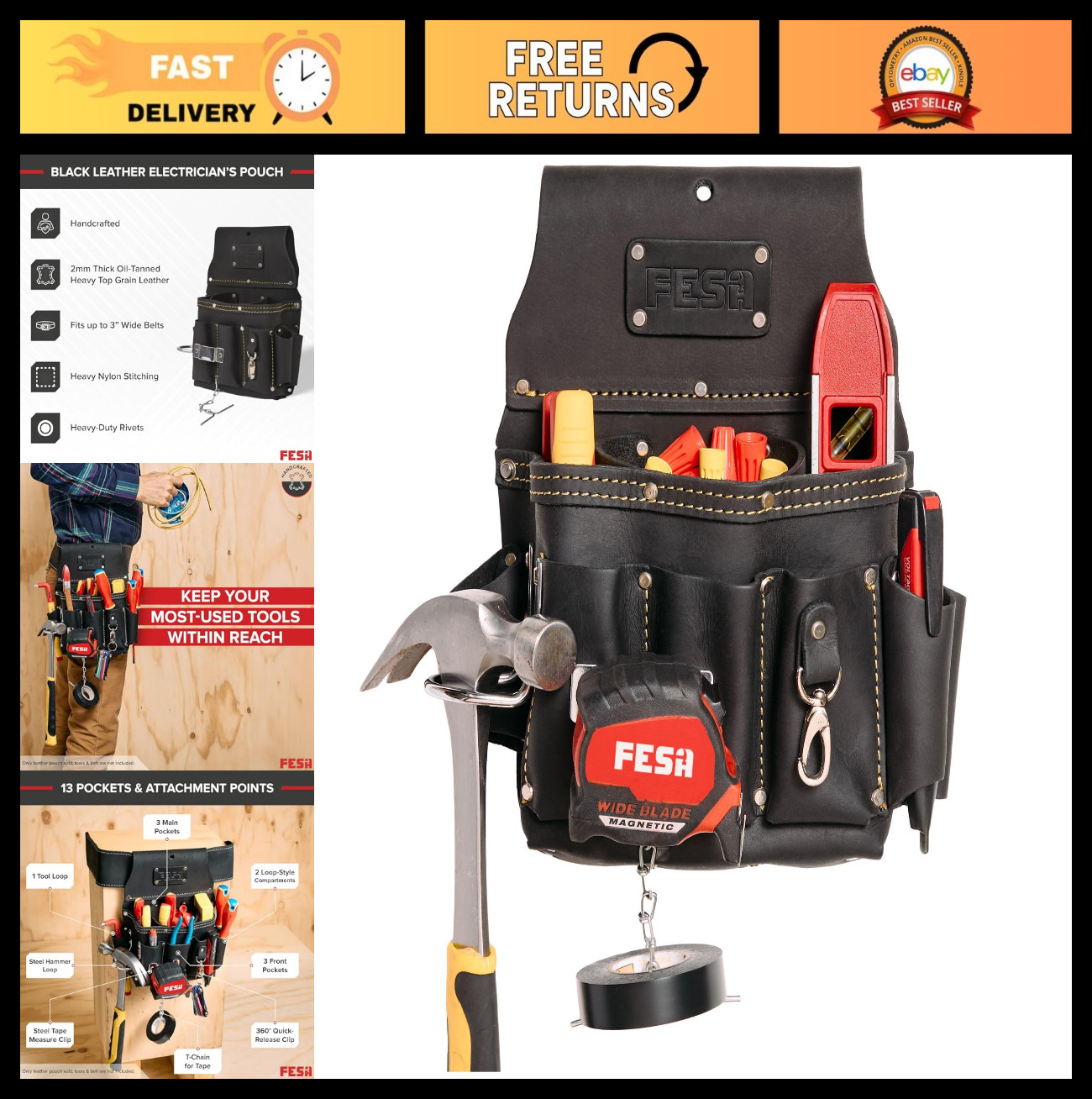 13-in-1 Leather Electrician Tool Pouch w/ Hammer Loop, Tape Measure Clip & 6 Poc