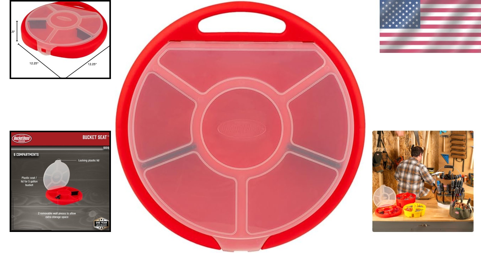 Versatile Small Parts Organizer: 5-Gallon Bucket Seat with 6 Compartments Red