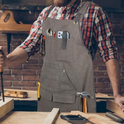 Men’s Canvas Tool Apron, Heavy Duty Multi-Pocket Work Apron for Grey