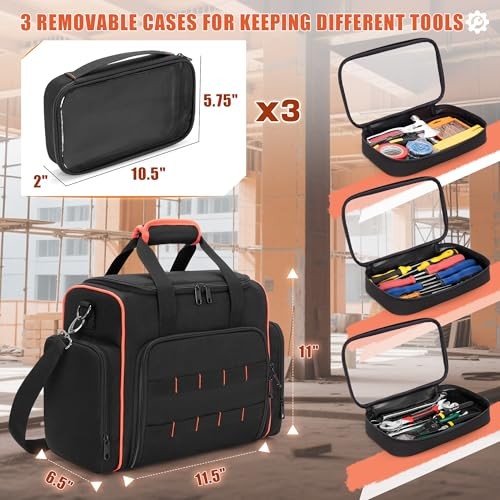 Tool Bag with 3 Removable Cases, 2 Layers Tool Tote for Black with Red Binding