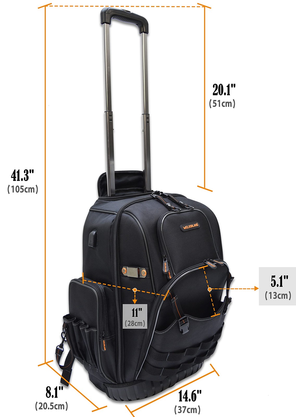WELKINLAND 72Pockets Rolling Tool backpack, Large tool Large, Black w/ Orange