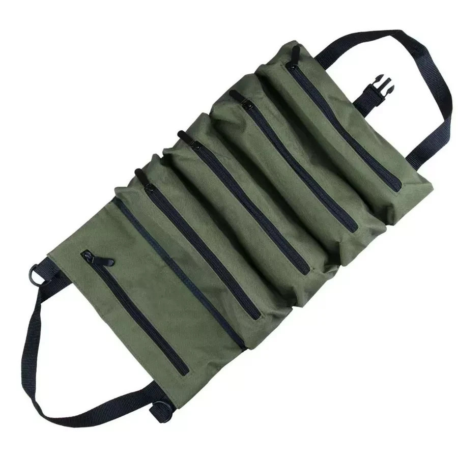 Portable Tool Roll Bag Oxford Multi Pocket Organizer Zipper Black Green