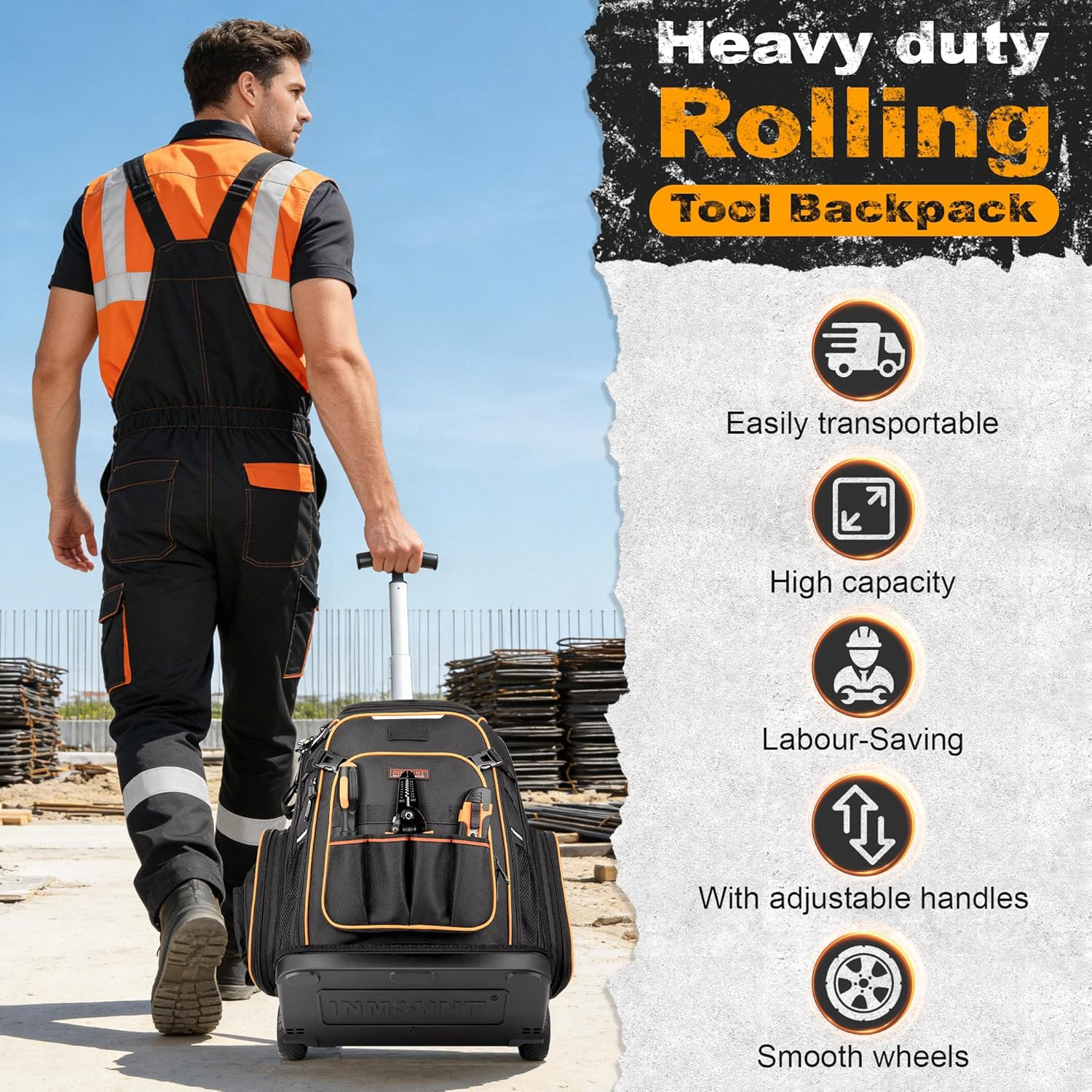 Heavy Duty Rolling Tool Backpack with Wheels & USB Port for Pros