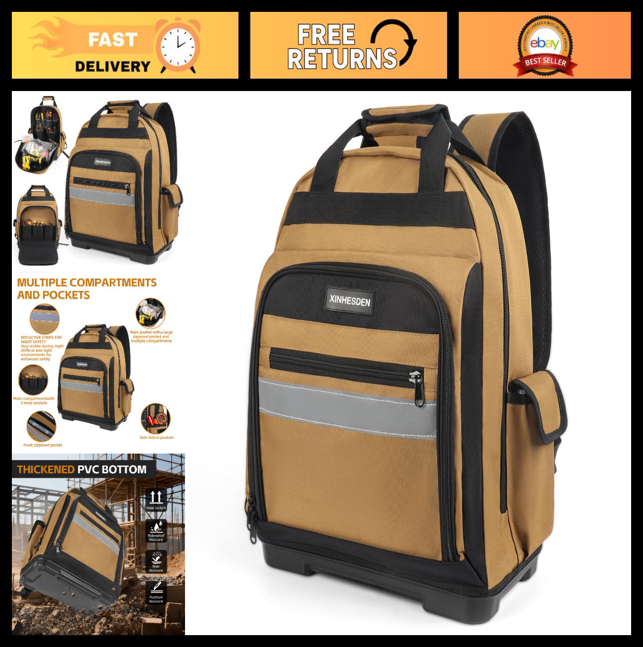 Heavy Duty Tool Backpack with Waterproof Base, Multi Pocket Organizer for Electr