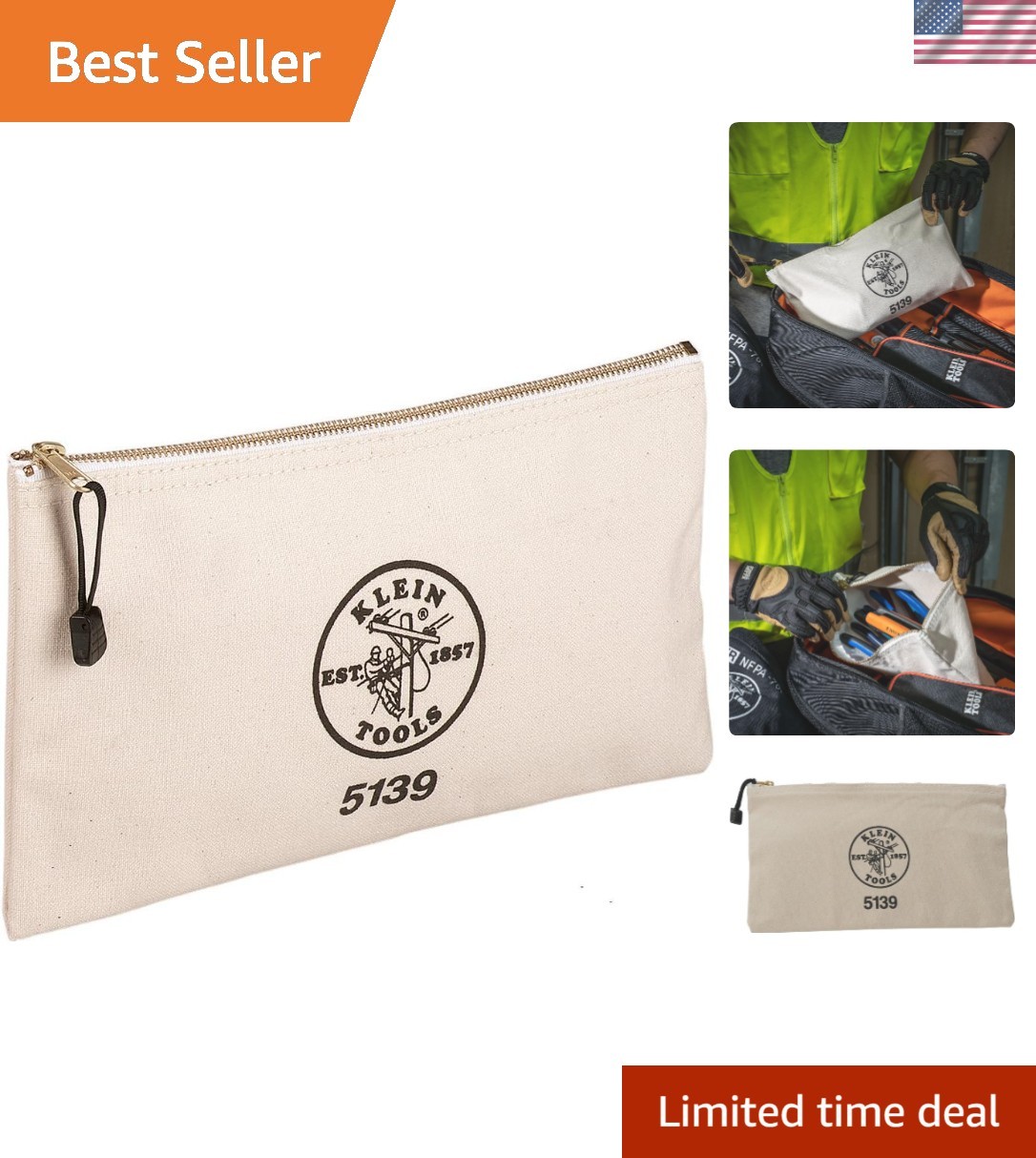 Zipper Bag, Canvas Tool Pouch with Heavy Duty Brass Zipper Close