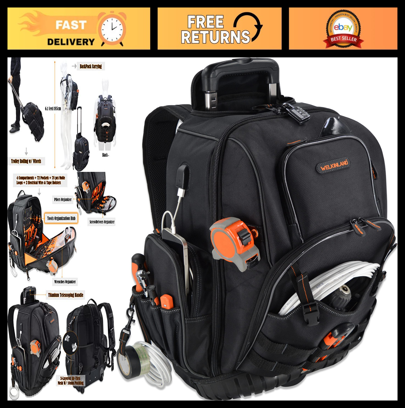 72-Pocket Rolling Tool Backpack – Large Wheeled Electrician Bag for Tools, Gear