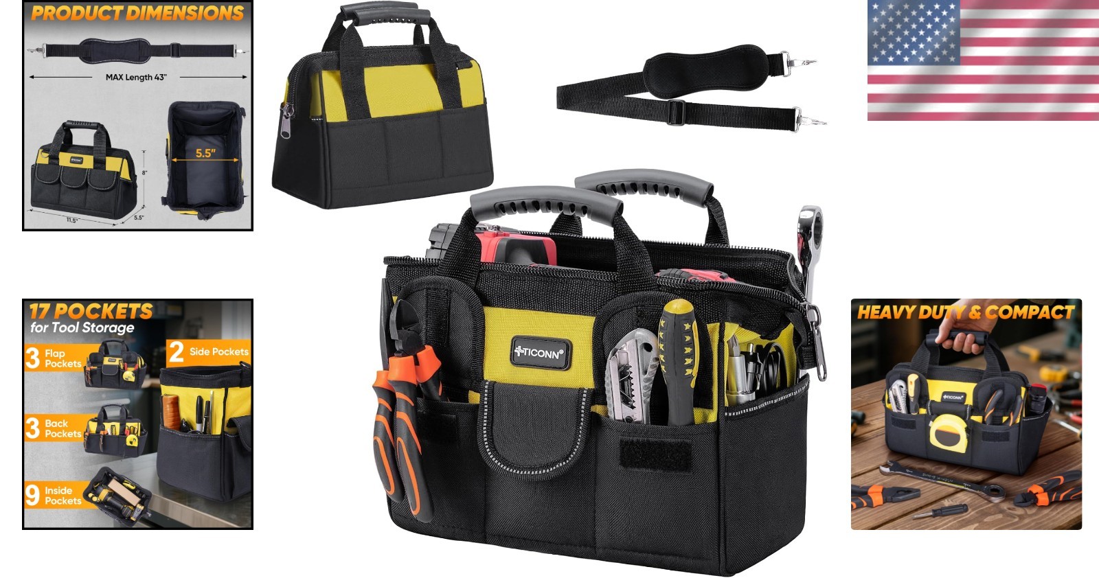 Heavy Duty Waterproof Tool Bag with 8 Pockets and Adjustable Strap – 12” Yellow