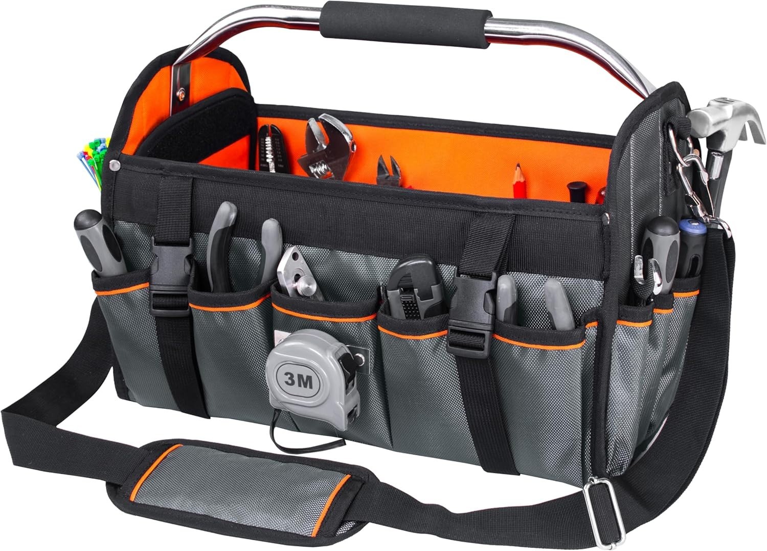 16 Inch Open Top Tool Bag, Foldable 29 Pockets Tool Tote Bag with Handle & Padde
