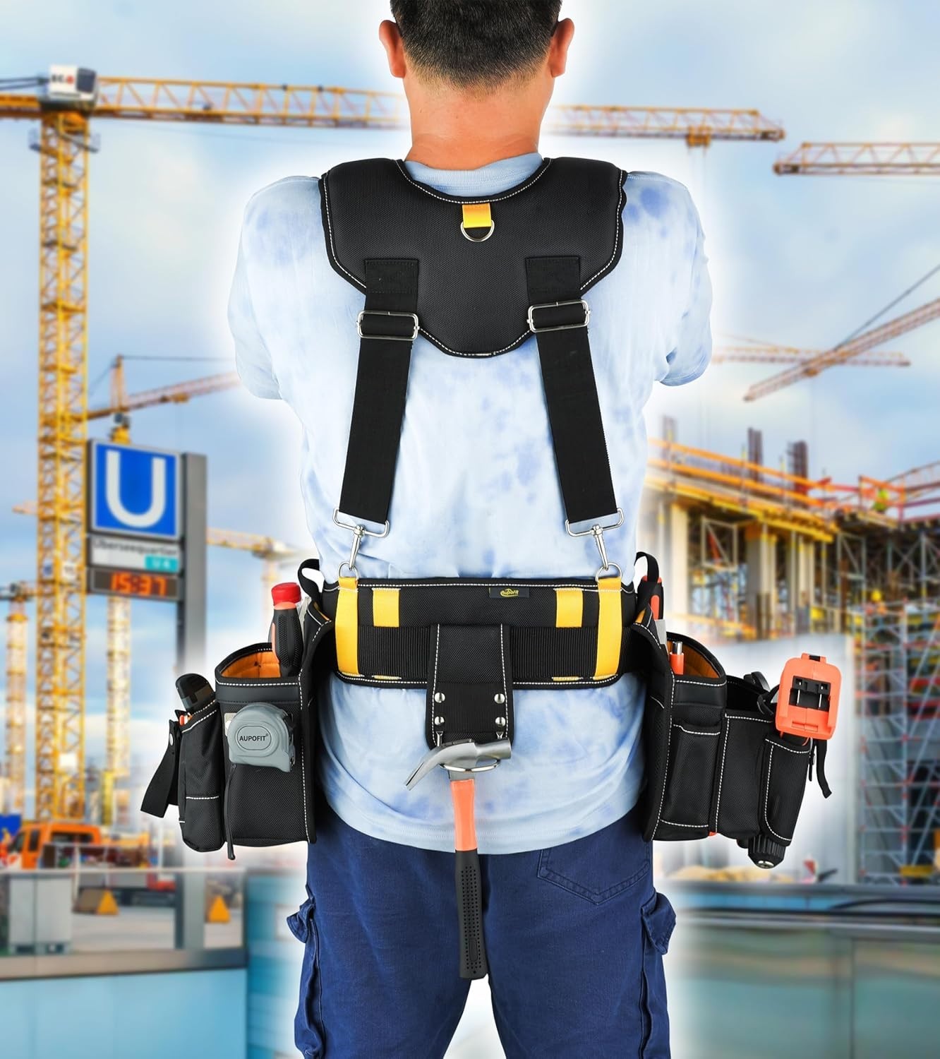 New 7Pc Tool Belt with Suspenders 32 Pocket Carpenter Electrician Rig