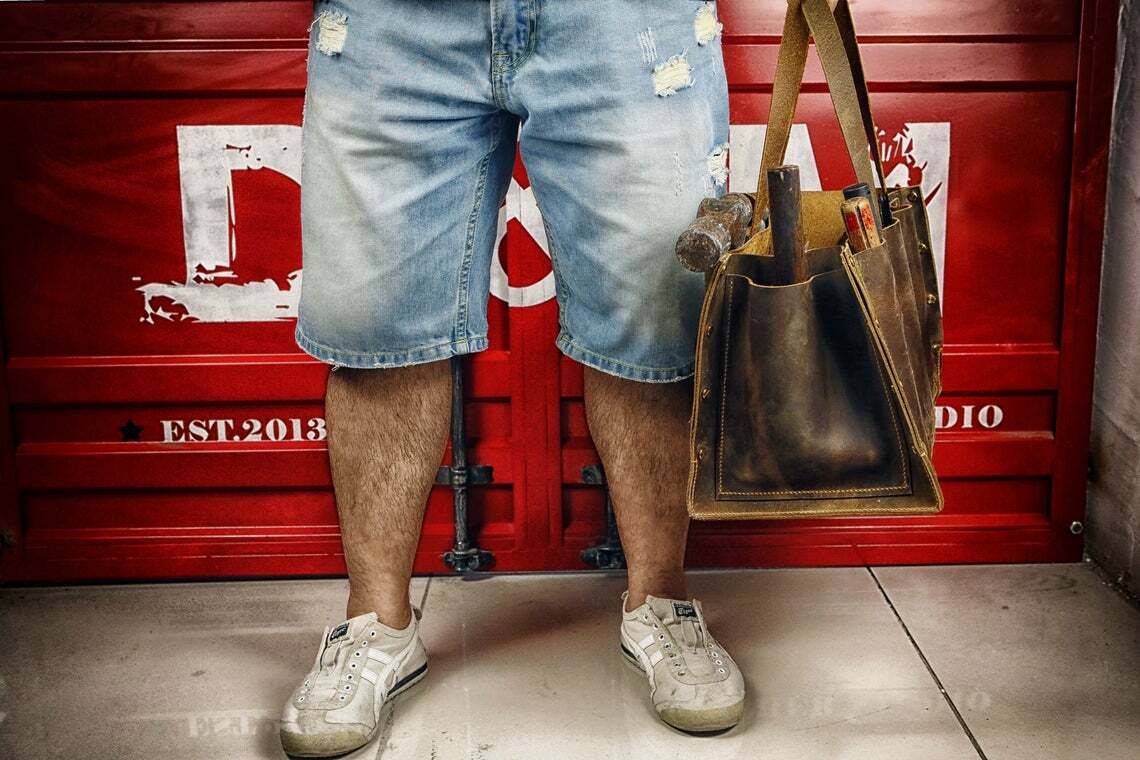 Rustic full grain leather tool bag box vintage leather tool tote bag for men