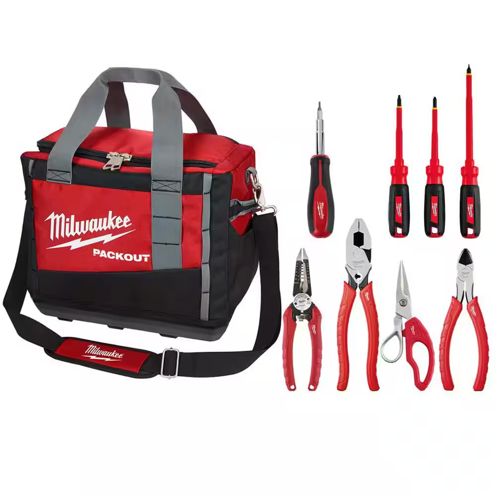 Milwaukee 15 In. PACKOUT Tool Duffle Bag & Electrician Hand Tool Set (9-Piece)