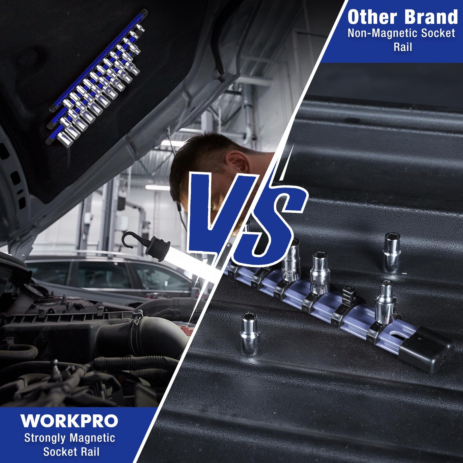 WORKPRO Magnetic Socket Organizer, 3/8-Inch Drive Aluminum 3/8″ DR, Blue