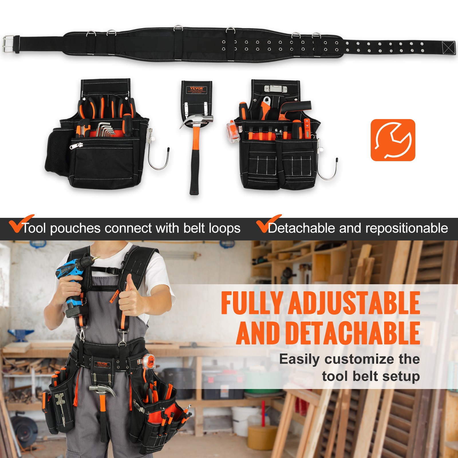 VEVOR Tool Belt with Suspenders Adjustable Carpenter Tool Pouch 1680D Polyester
