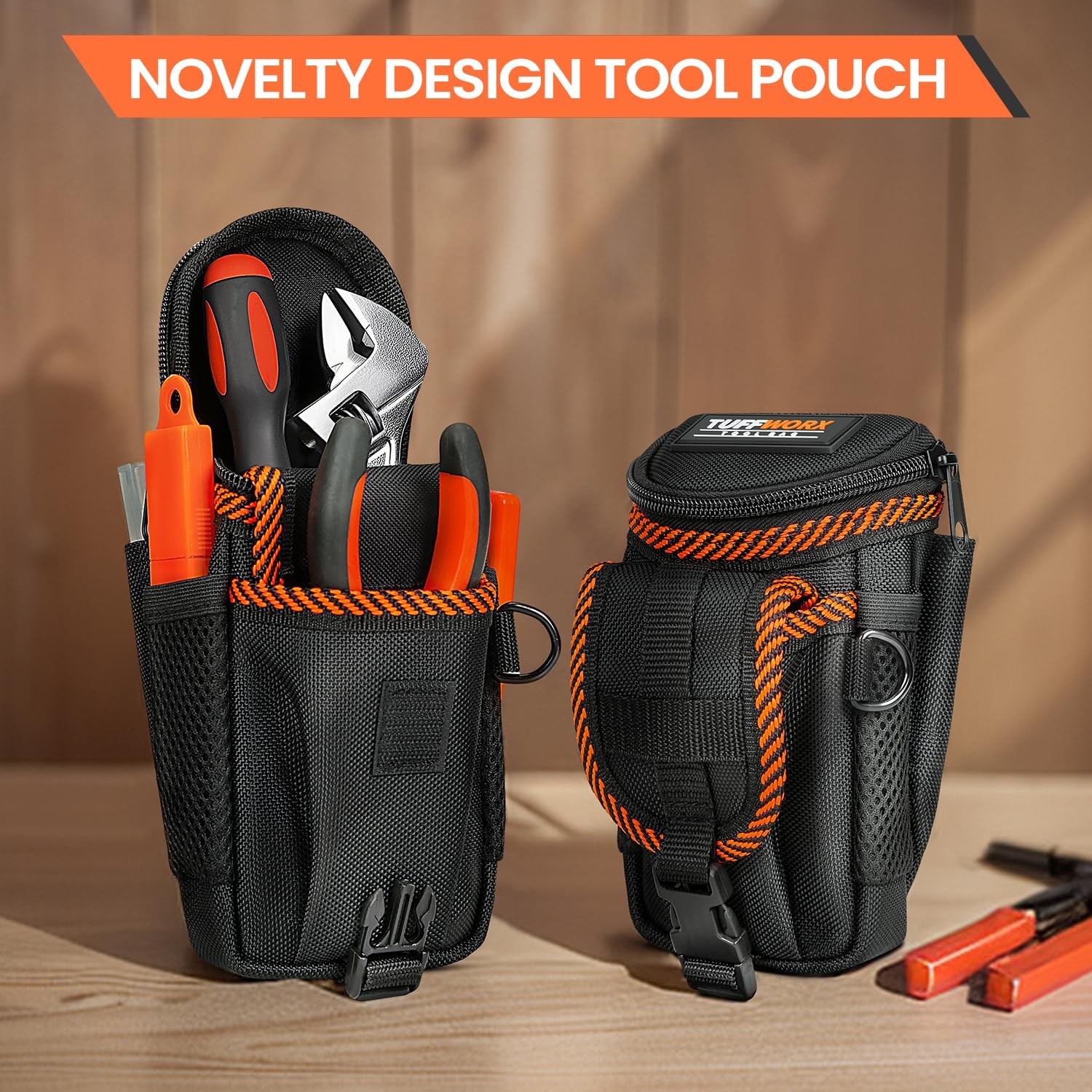 Tool Belt Pouch, Heavy Duty Utility Holder with Mesh Pocket, Black and Orange