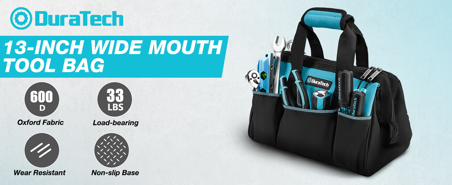 DURATECH 13-Inch Small Tool Bag with 9 Pockets Wide Open Mouth Polyester NEW