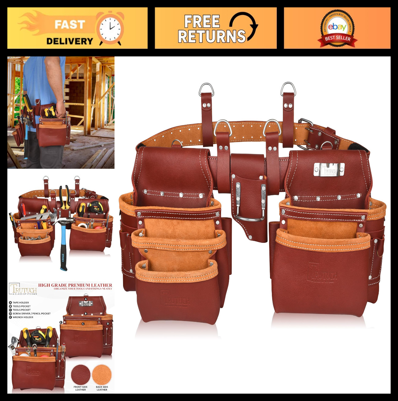 Premium Grain Leather Tool Belt Set | Durable Tool Pouch & Rig | Carpenter & Ele