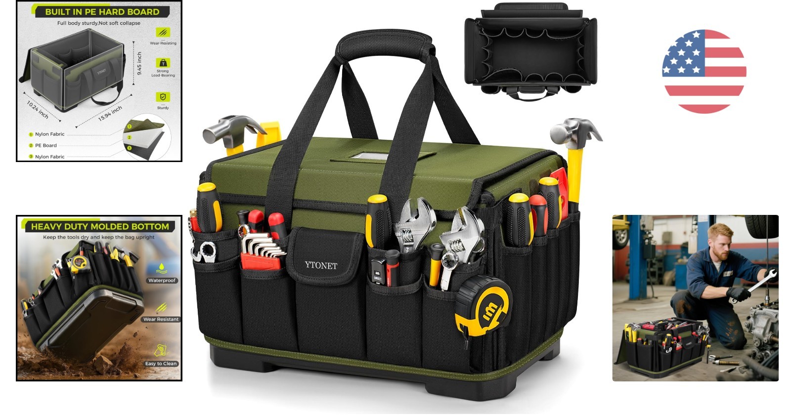 16-Inch Heavy Duty Tool Bag with 46 Pockets, Waterproof Base for Professionals
