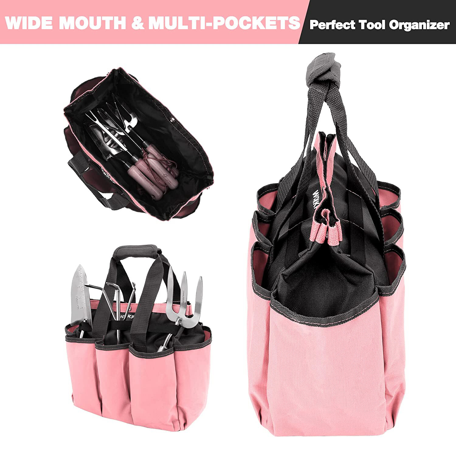 WORKPRO Garden Bag Garden Tool Tote Storage Bag with 8 Pockets Pink Ribbon Gifts