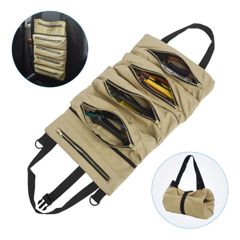 Multi-Purpose Tool Roll Up Bag Wrench Pouch Canvas Hanging Organizer w/ 5 Pocket
