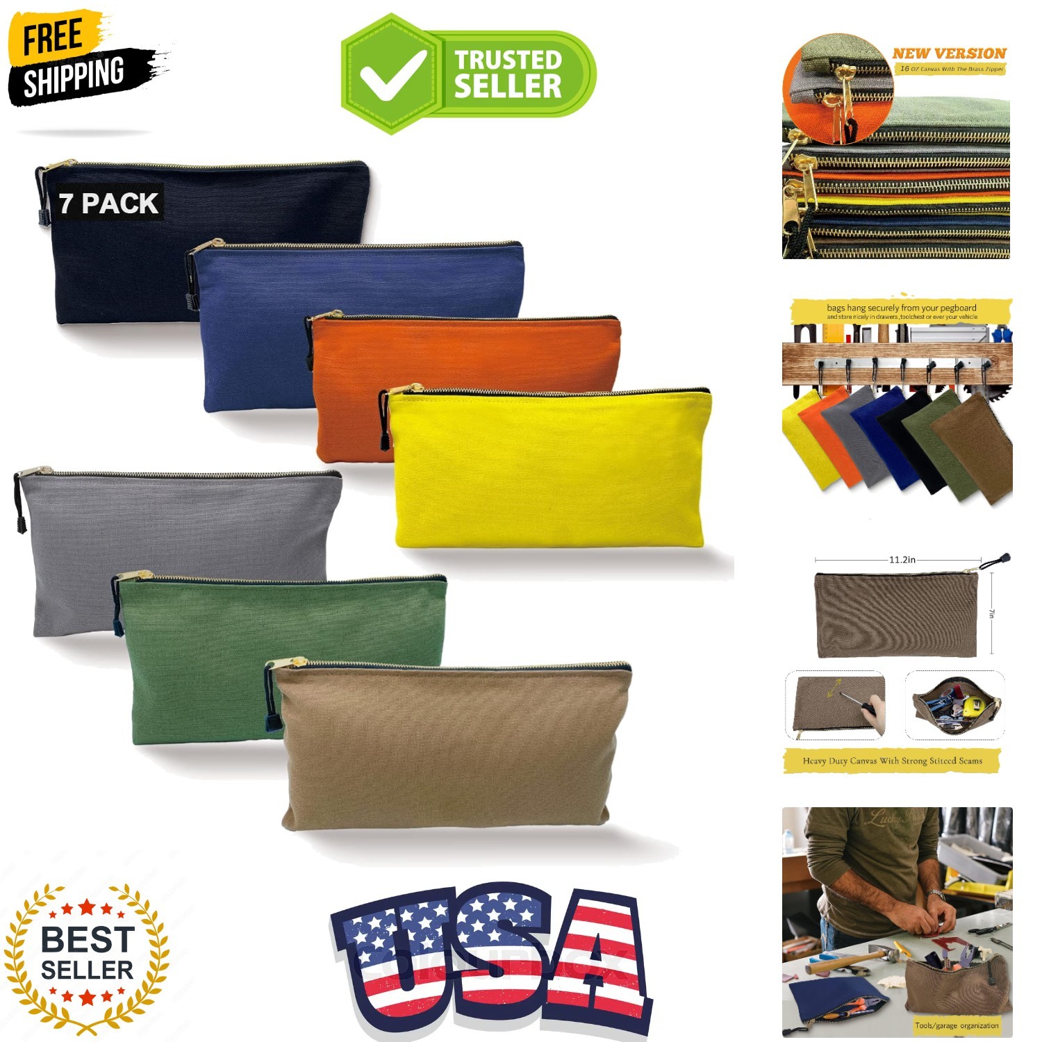 Heavy Duty Canvas Tool Bag Organizer – 7 Pack Zipper Utility Pouches in Assor…