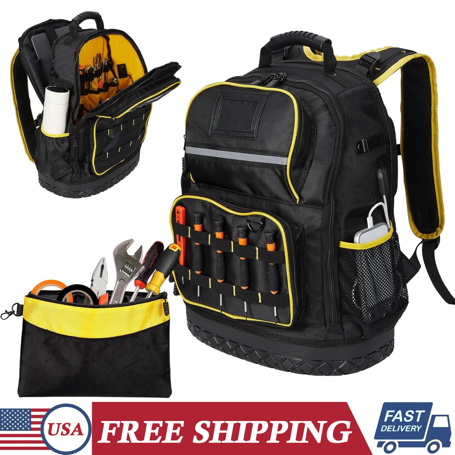 Tool Backpack 18-Inch Worker Oxford Fabric Bag w/ Multiple Pockets & Hard Bottom