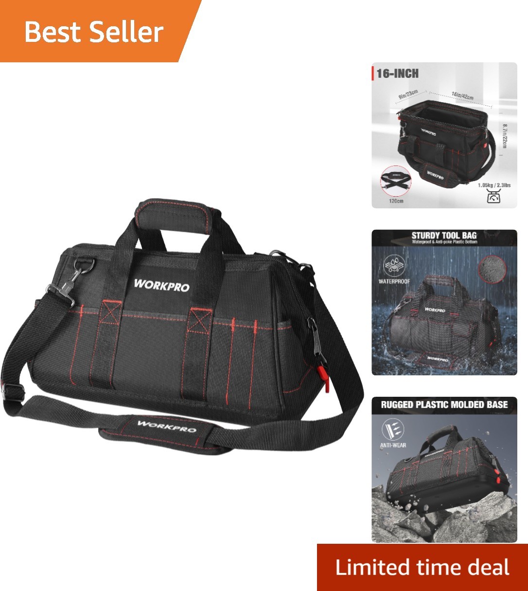 16-inch Wide Mouth Waterproof Tool Bag with Padded Handle & Adjustable Strap