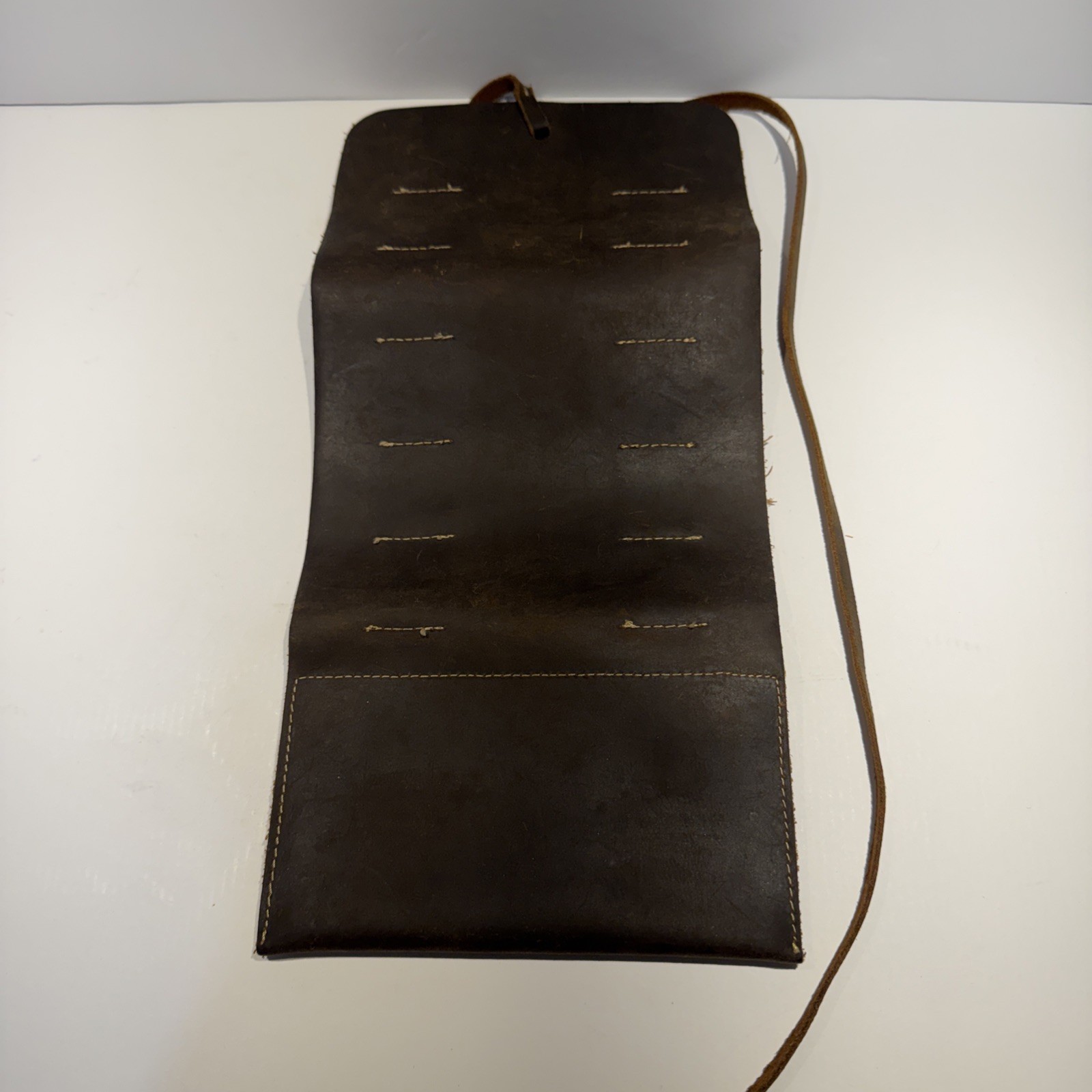 Handcrafted Brown Leather Tool Roll Zippered Pouch And Elastic Slots 14.5×7