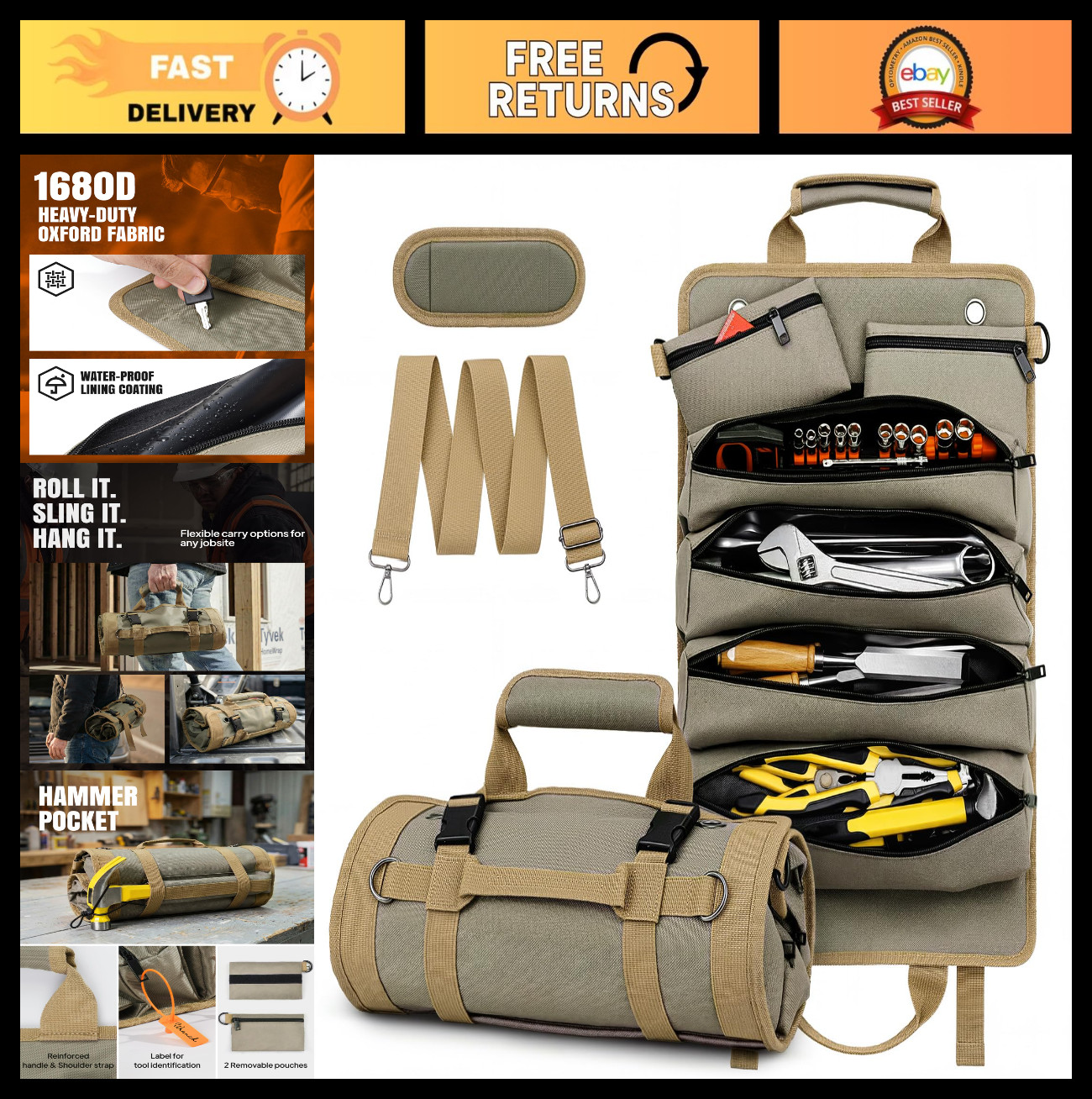 Heavy Duty Tool Roll Up Bag, Waterproof Organizer with 2 Pouches & Pockets, 21.9
