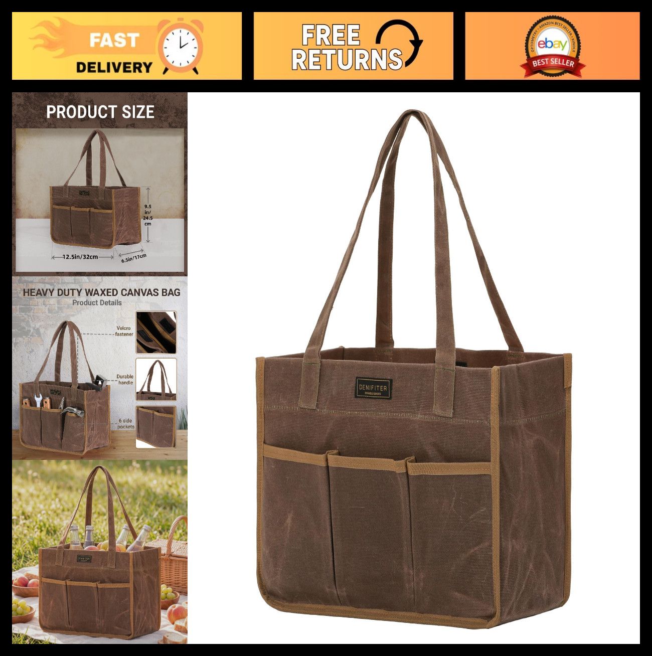 Heavy Duty 16 oz Waxed Canvas Tool Bag – Water Resistant Utility Organizer, 12.5