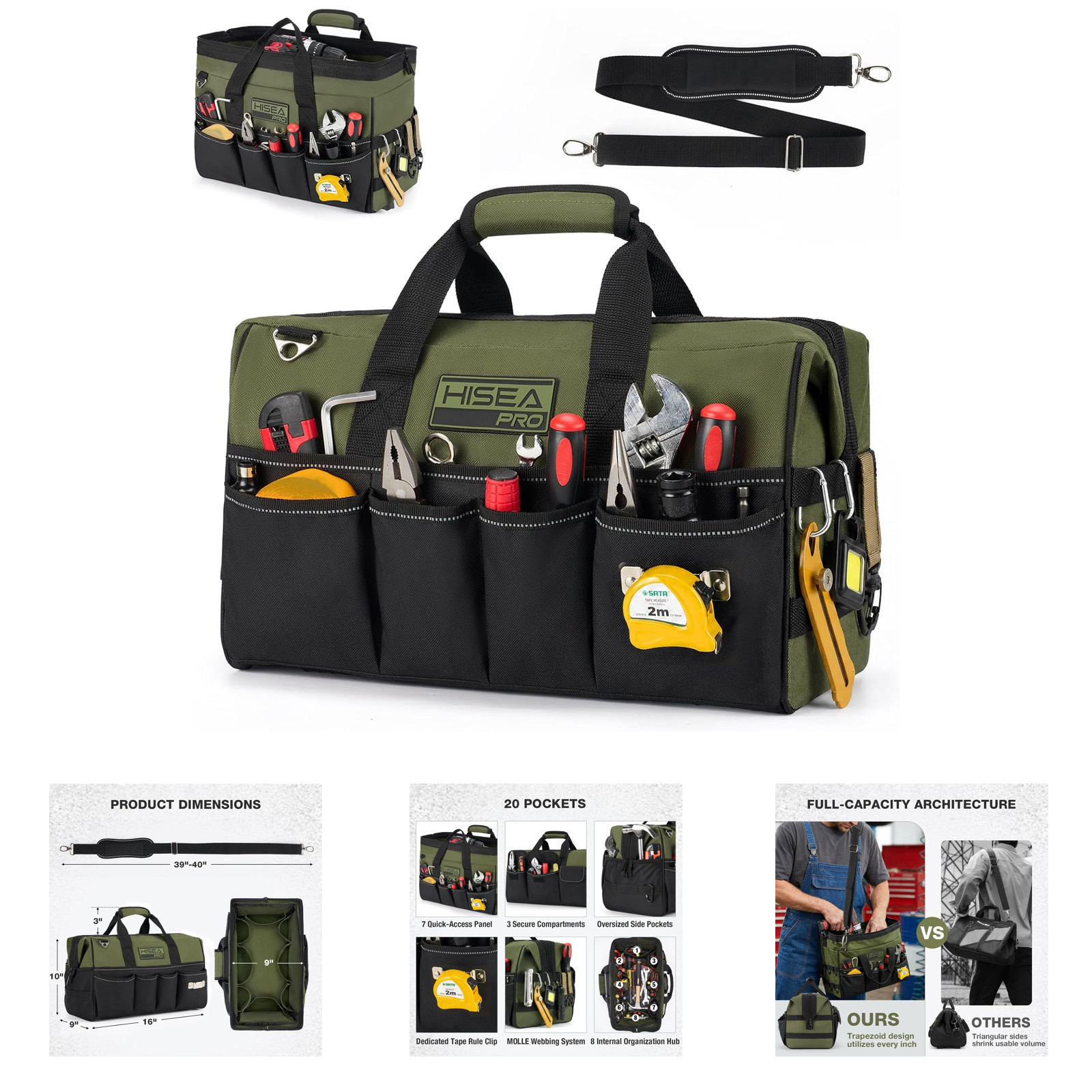 Tool Bag Heavy Duty 20 Pockets Waterproof 16 Inch Organizer Electrician