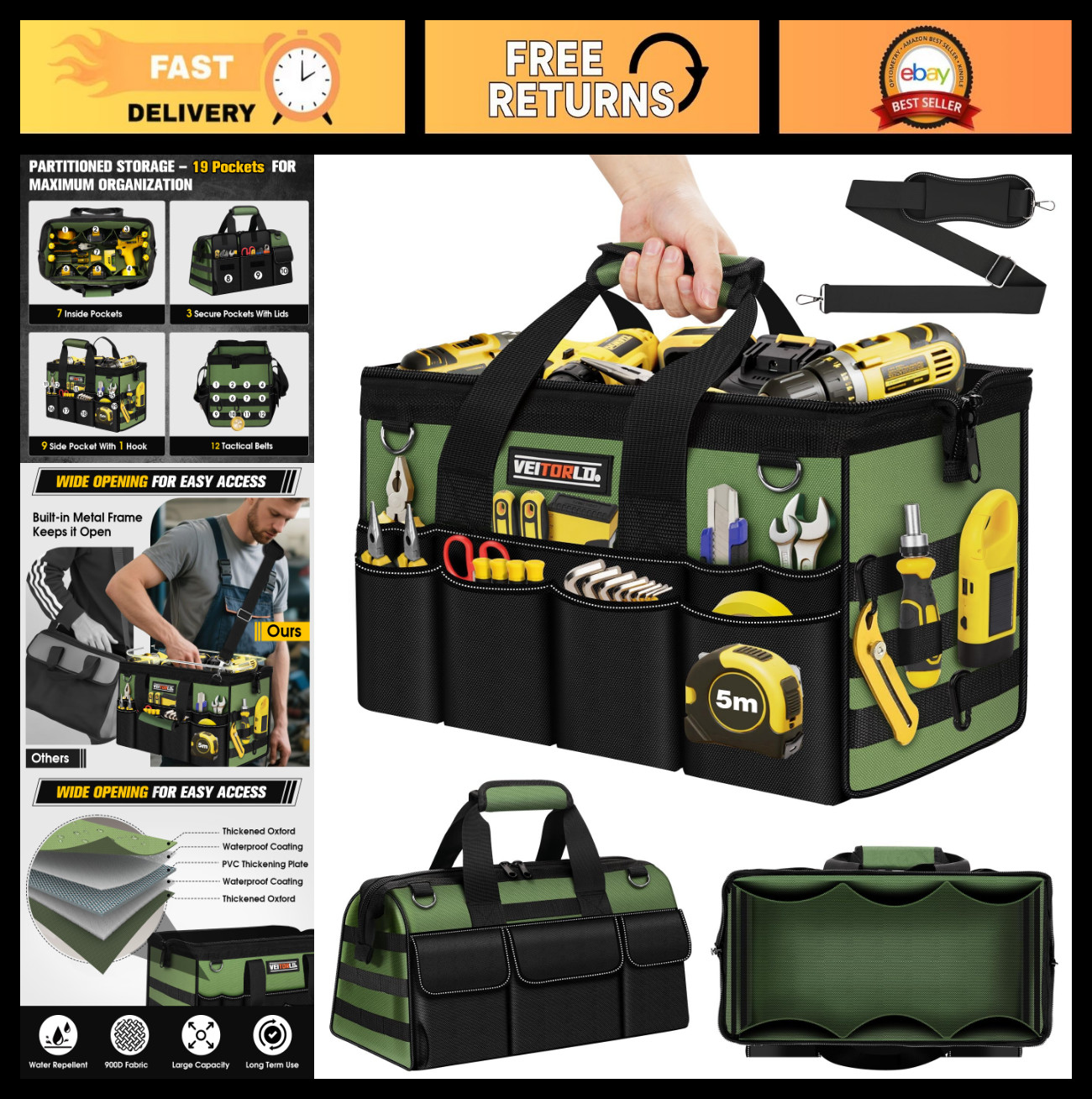 16″ Heavy Duty Tool Bag – 19 Pocket Organizer, Portable Toolbox with Soft Handle