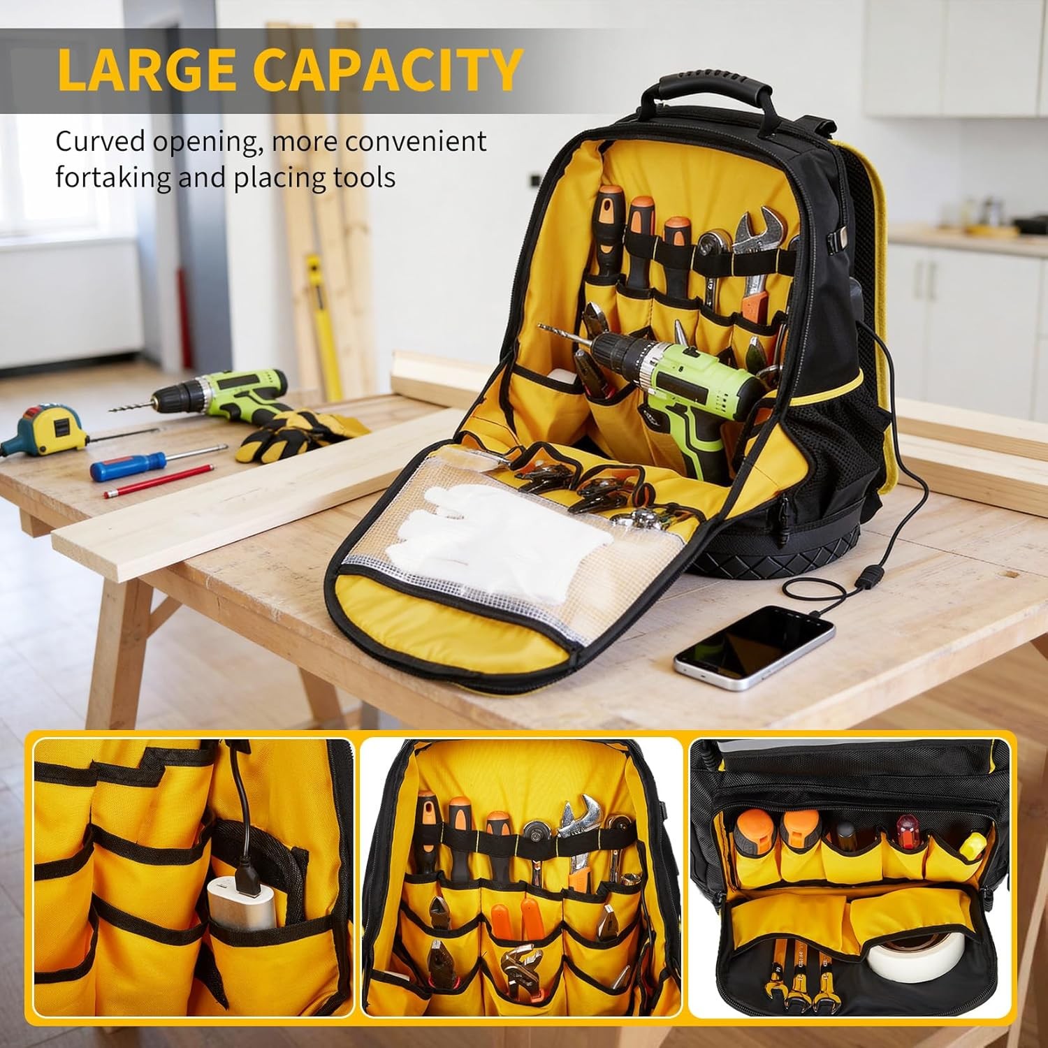 Tool Backpack 18-Inch Worker Oxford Fabric Bag w/ Multiple Pockets & Hard Bottom